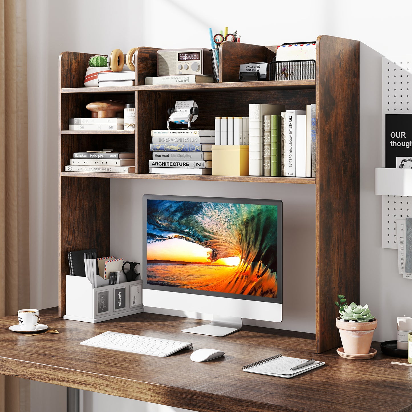 Desktop Bookshelf Countertop Storage Hutch with 6 Shelves-Rustic Brown