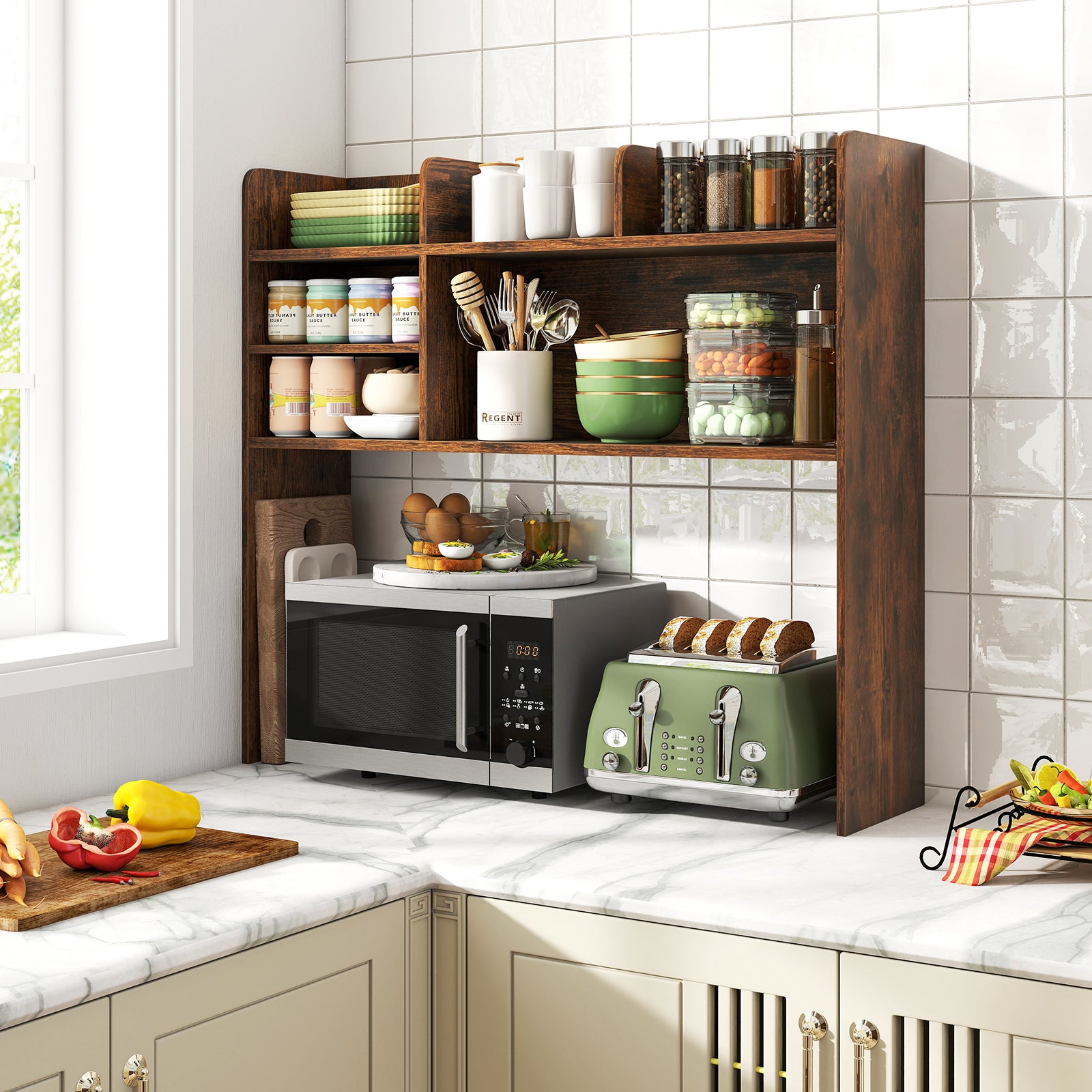 Desktop Bookshelf Countertop Storage Hutch with 6 Shelves-Rustic Brown