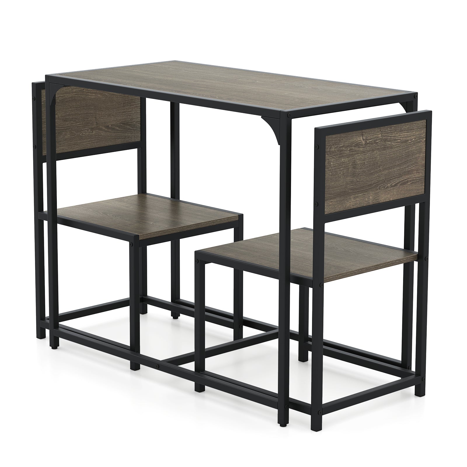 3 Pieces Dining Set Compact Table and 2 Chair with Metal Frame for Small Space-Oak