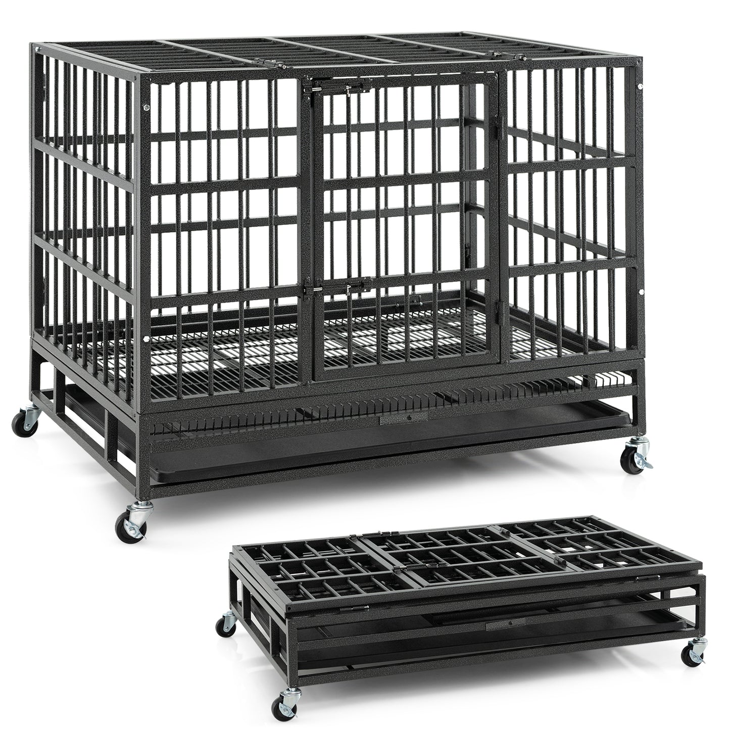 48 Inch Foldable Heavy-Duty Metal Dog Cage with Lockable Rolling Casters and Tray