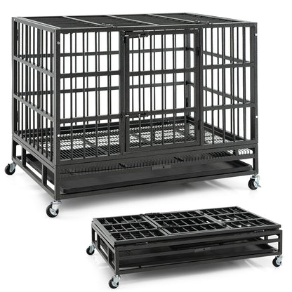 48 Inch Foldable Heavy-Duty Metal Dog Cage with Lockable Rolling Casters and Tray