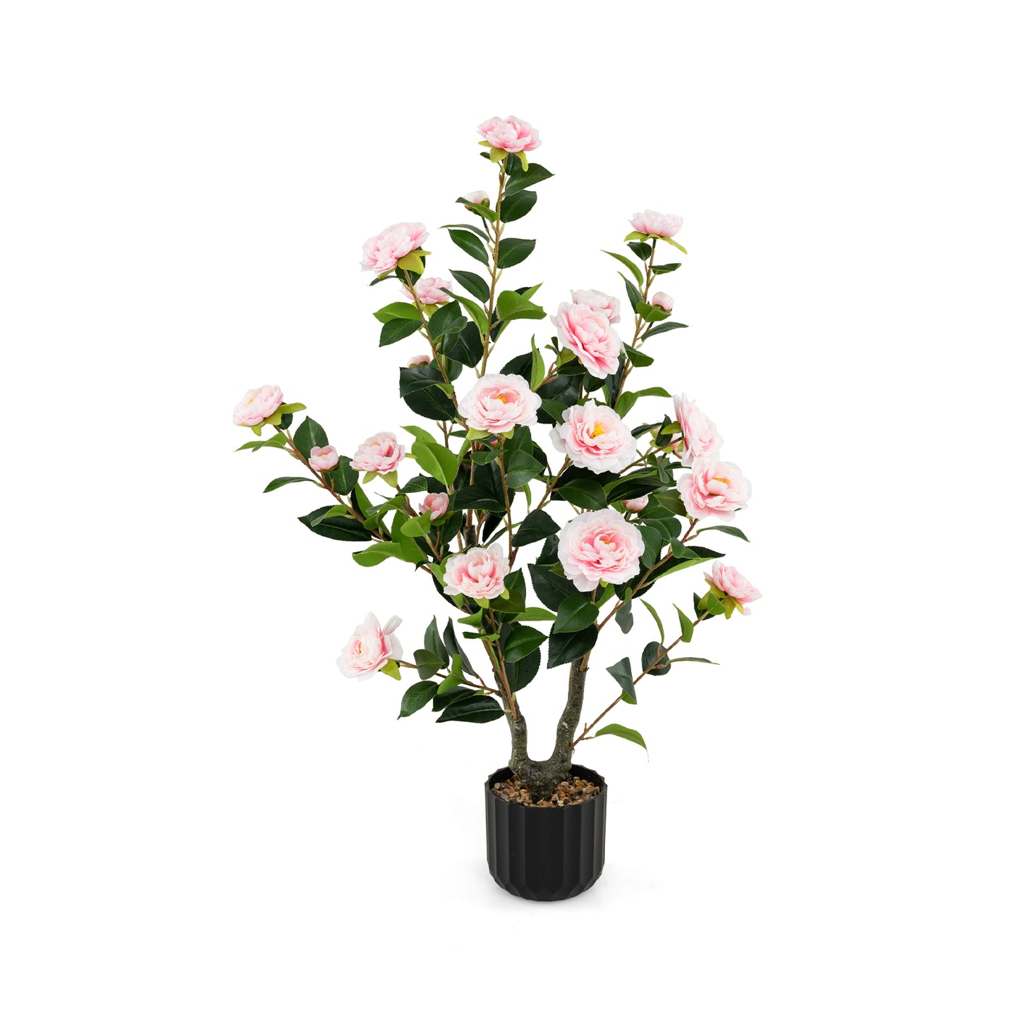 38 Inch Artificial Camellia Tree Faux Flower Plant in Cement Pot-White - Pink