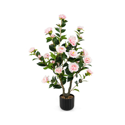 38 Inch Artificial Camellia Tree Faux Flower Plant in Cement Pot-White - Pink