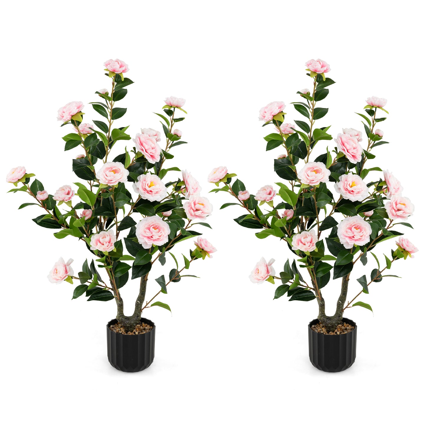 38 Inch Artificial Camellia Tree Faux Flower Plant in Cement Pot 2 Pack-White - Pink