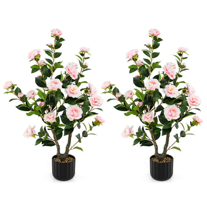 38 Inch Artificial Camellia Tree Faux Flower Plant in Cement Pot 2 Pack-White - Pink