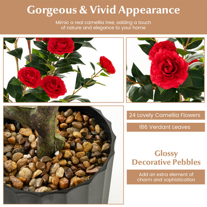 38 Inch Artificial Camellia Tree Faux Flower Plant in Cement Pot 2 Pack