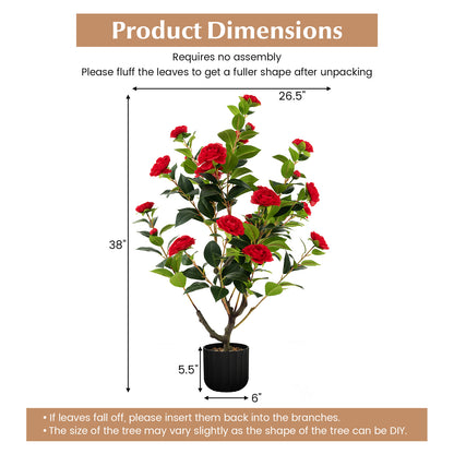 38 Inch Artificial Camellia Tree Faux Flower Plant in Cement Pot 2 Pack