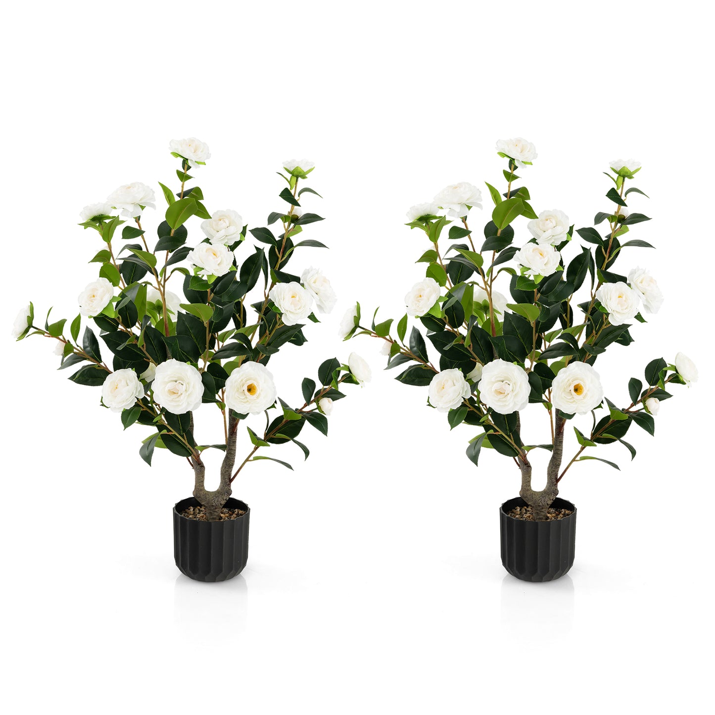 38 Inch Artificial Camellia Tree Faux Flower Plant in Cement Pot 2 Pack-White - White