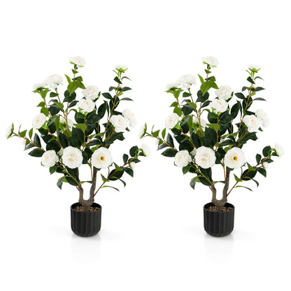 38 Inch Artificial Camellia Tree Faux Flower Plant in Cement Pot 2 Pack-White - White