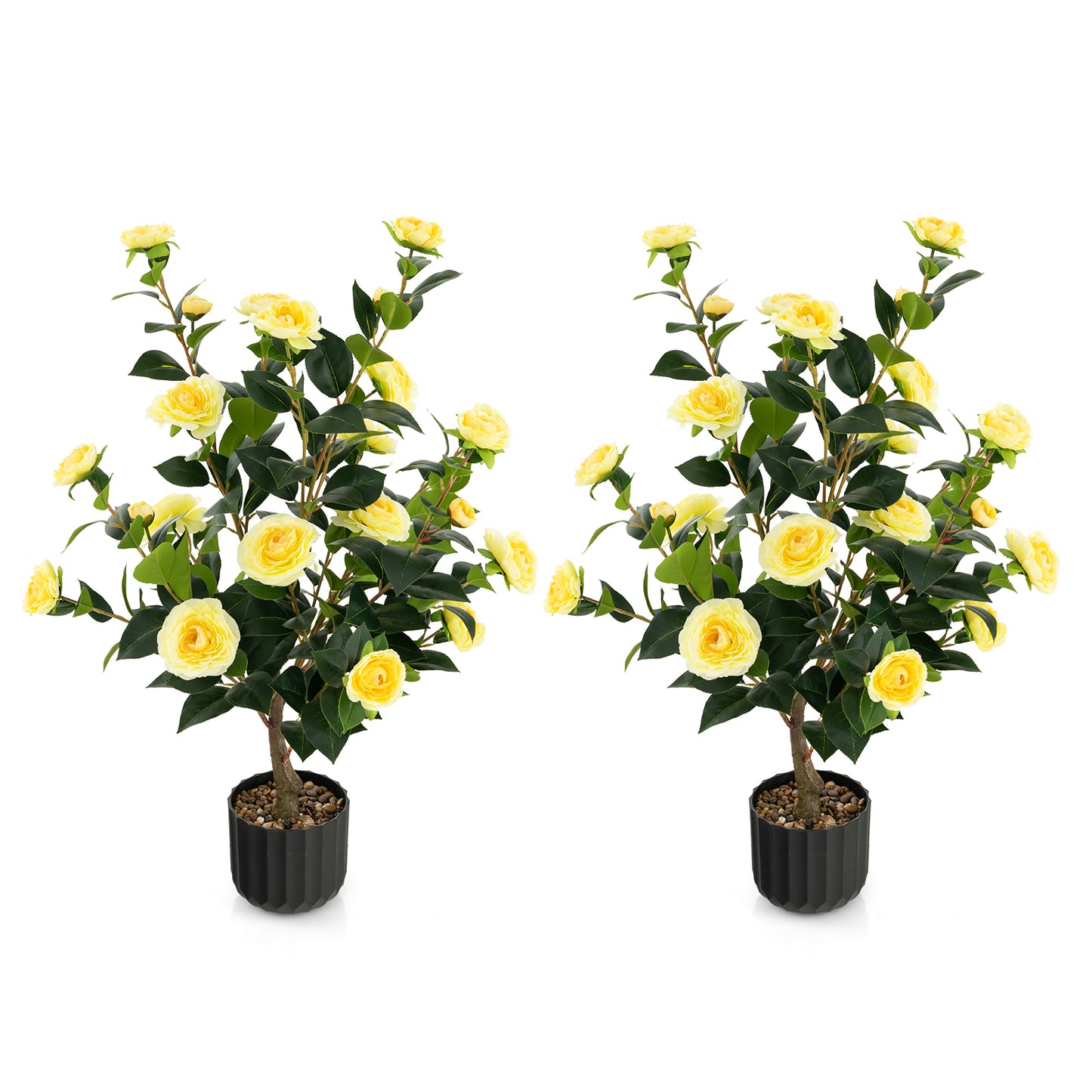 38 Inch Artificial Camellia Tree Faux Flower Plant in Cement Pot 2 Pack-White - Yellow
