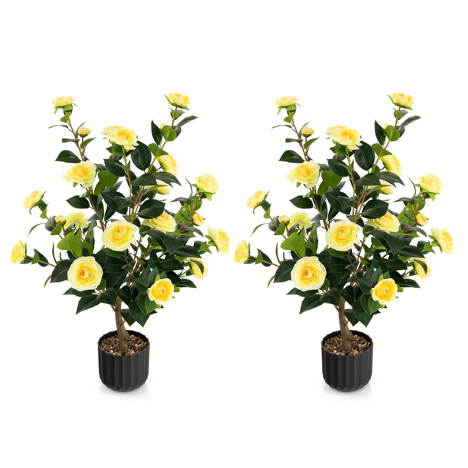 38 Inch Artificial Camellia Tree Faux Flower Plant in Cement Pot 2 Pack-White - Yellow