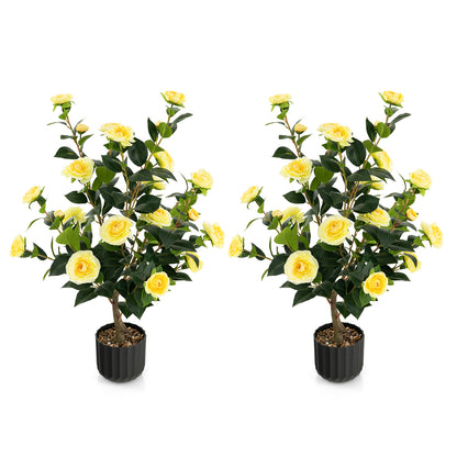 38 Inch Artificial Camellia Tree Faux Flower Plant in Cement Pot 2 Pack-White - Yellow