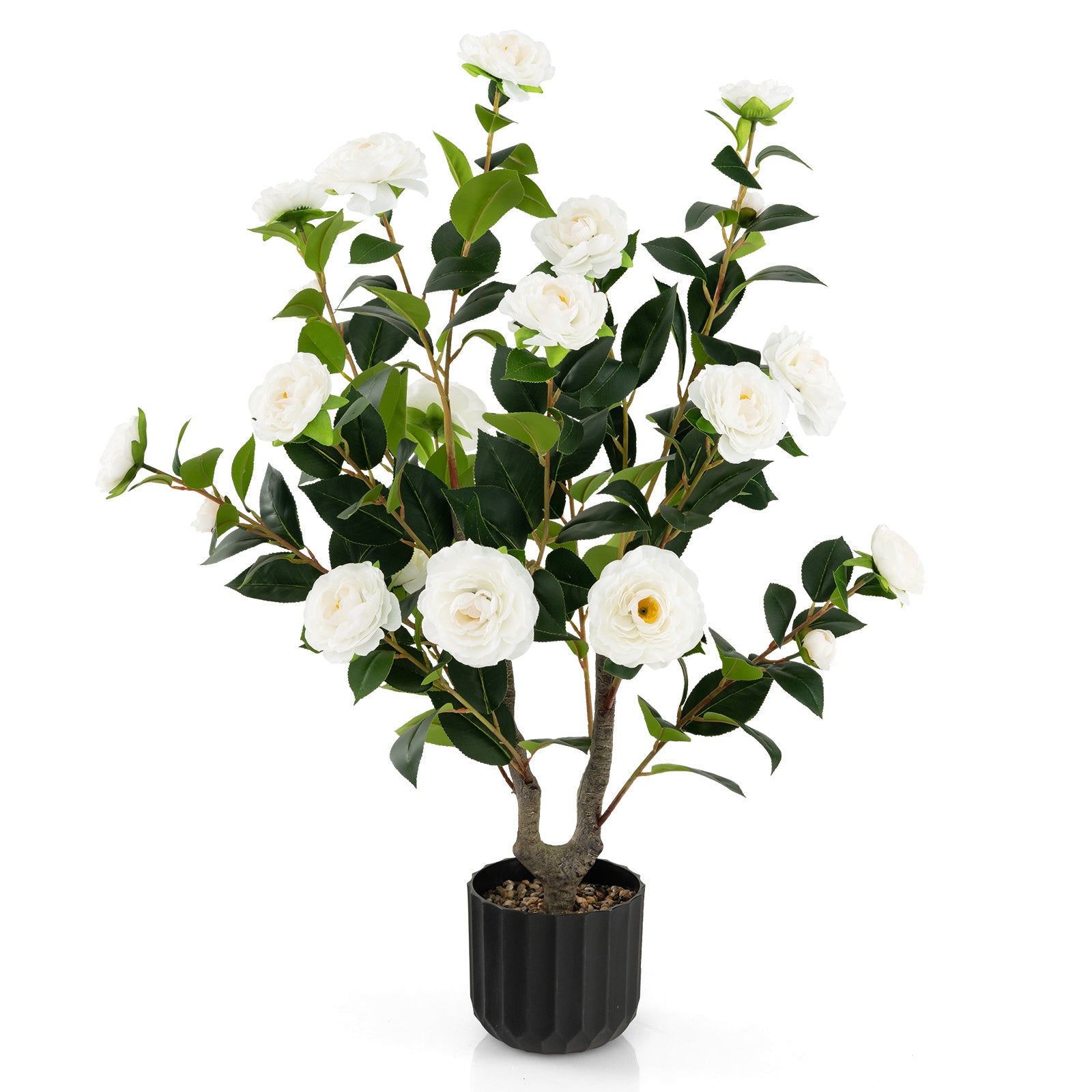 38 Inch Artificial Camellia Tree Faux Flower Plant in Cement Pot-White - White