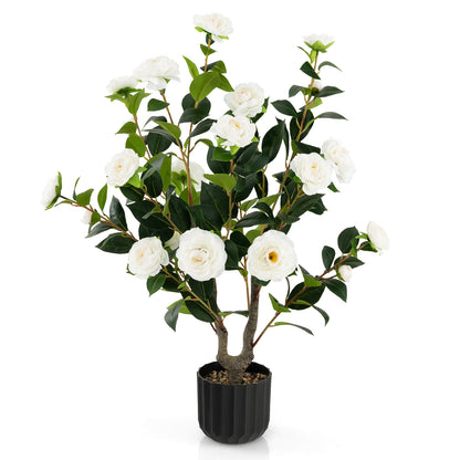 38 Inch Artificial Camellia Tree Faux Flower Plant in Cement Pot-White - White