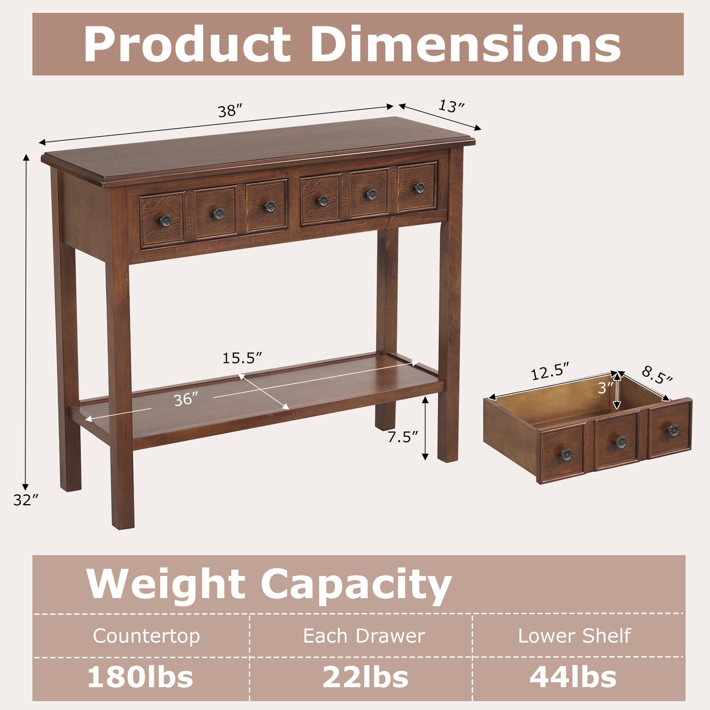 38 Inch Rustic Console Table with 2 Drawers and Bottom Open Shelf-Espresso
