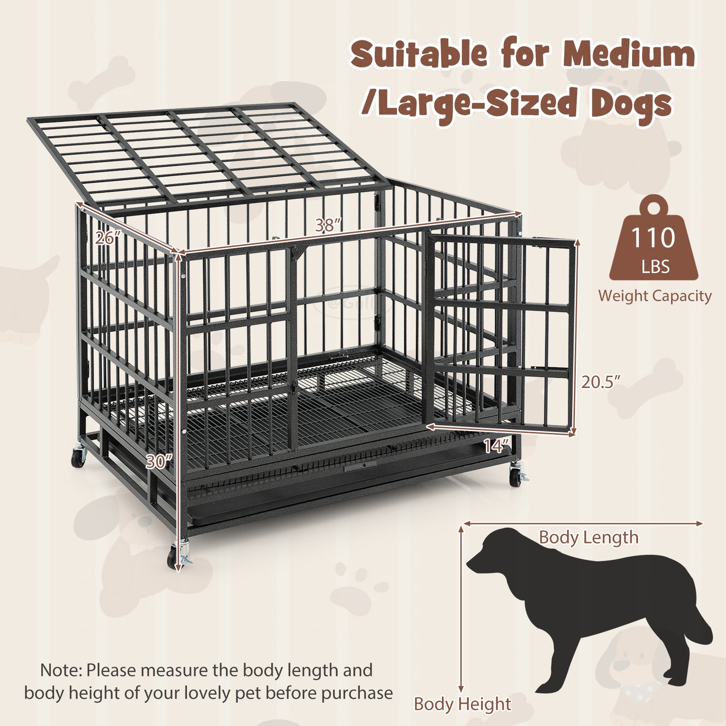 48 Inch Foldable Heavy-Duty Metal Dog Cage with Lockable Rolling Casters and Tray