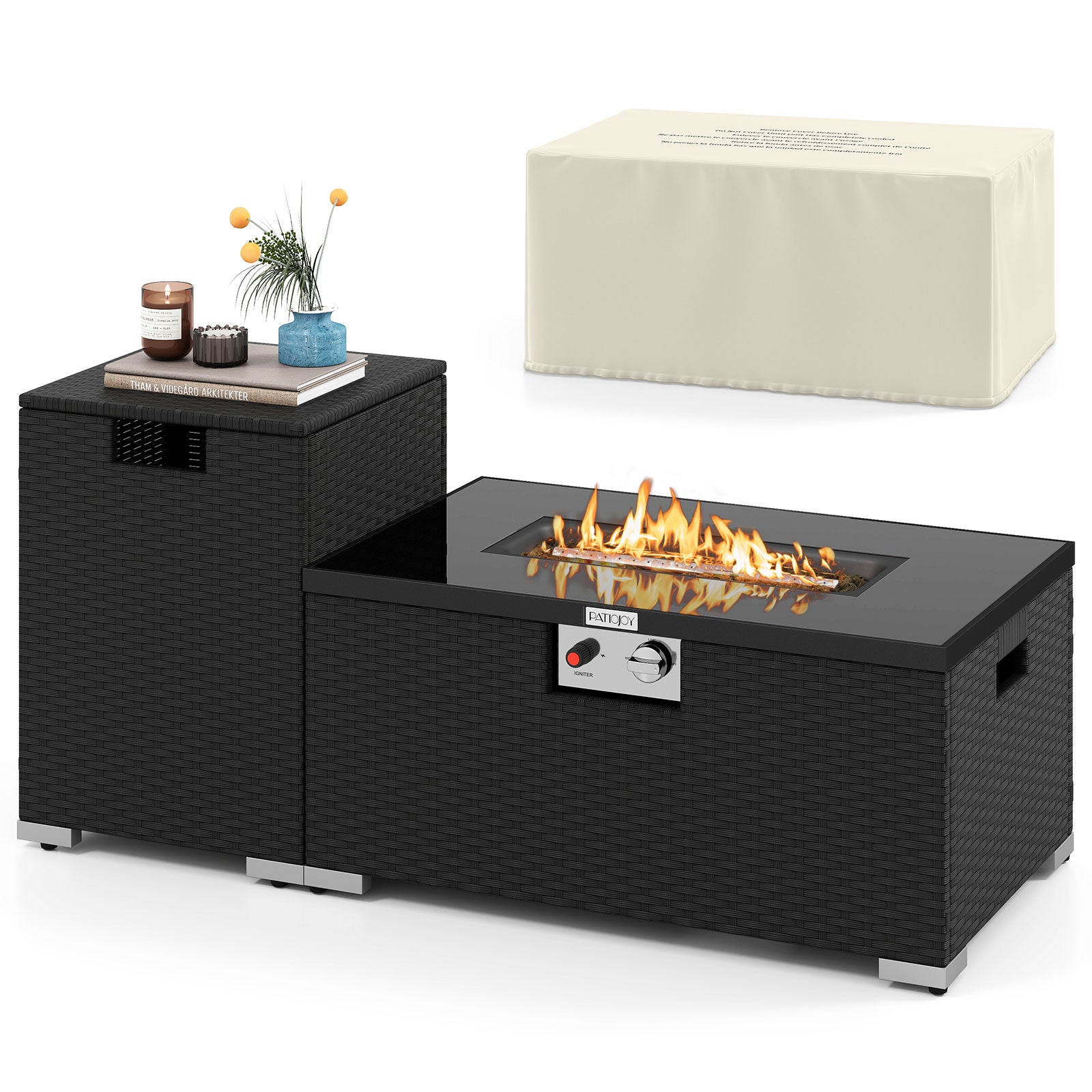 2-Piece Outdoor Rattan Fire Table Set 32 Inch Rectangle Gas Firepit with Tank Cover-Black