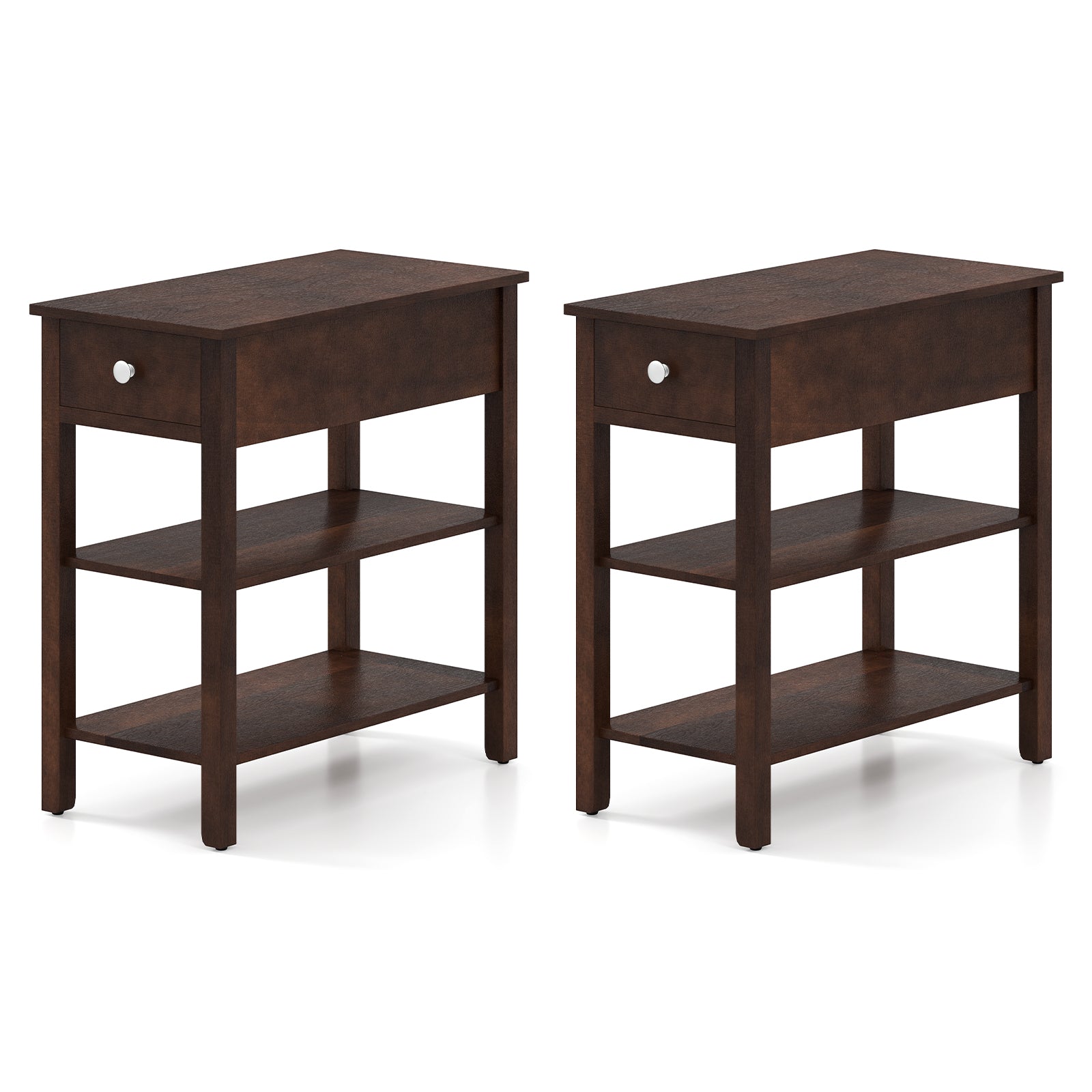 3-Tier Narrow End Table with Drawer and Storage Shelves Set of 2-Walnut - Walnut