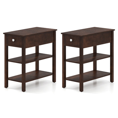 3-Tier Narrow End Table with Drawer and Storage Shelves Set of 2-Walnut - Walnut