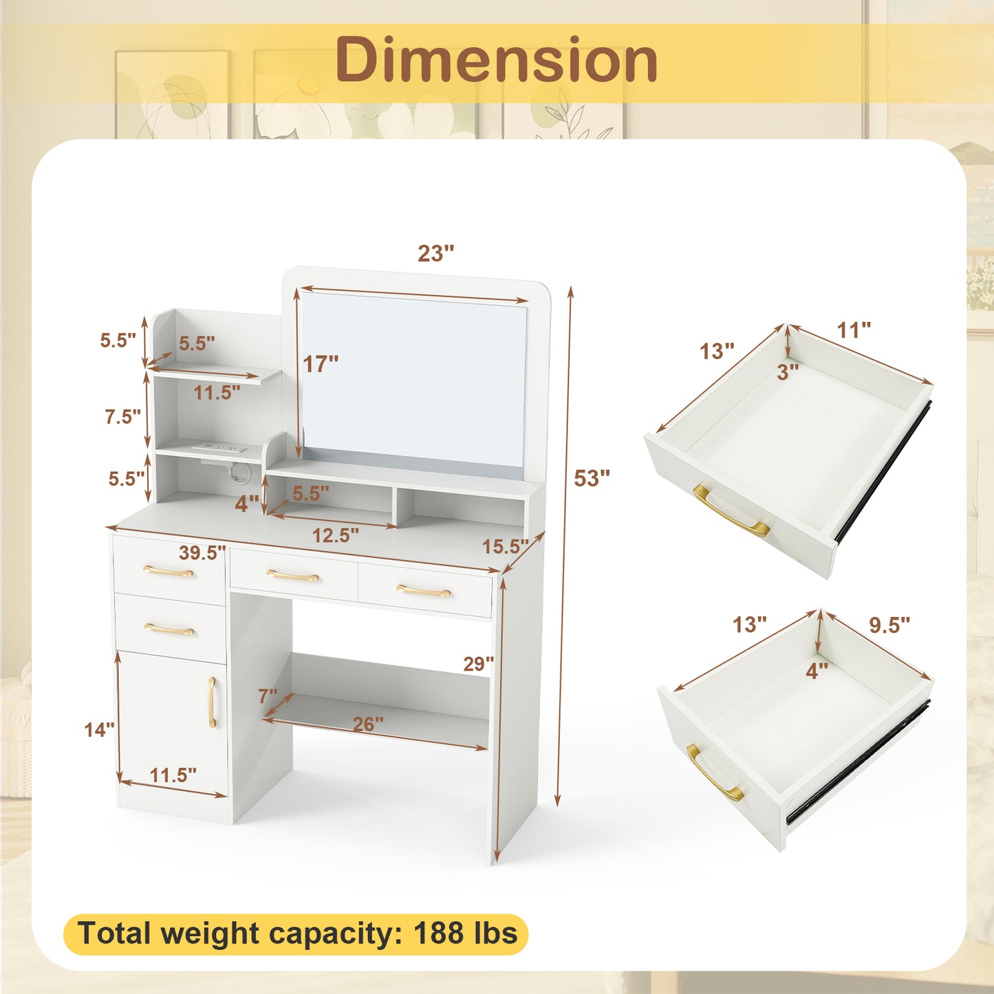 39.5 Inch Vanity Desk with Power Outlets and Mirror for Bedroom-White