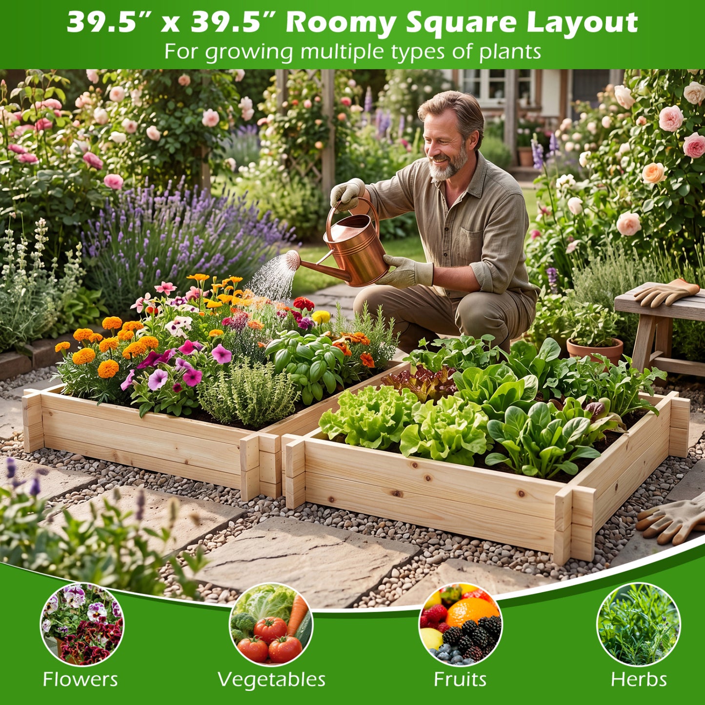 39.5" x 39.5" Square Wooden Raised Garden Bed