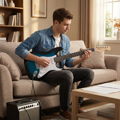 39 Inch Full Size Electric Guitar Beginner Kit with Amplifier for Starter-Blue