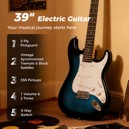 39 Inch Full Size Electric Guitar Beginner Kit with Amplifier for Starter-Blue