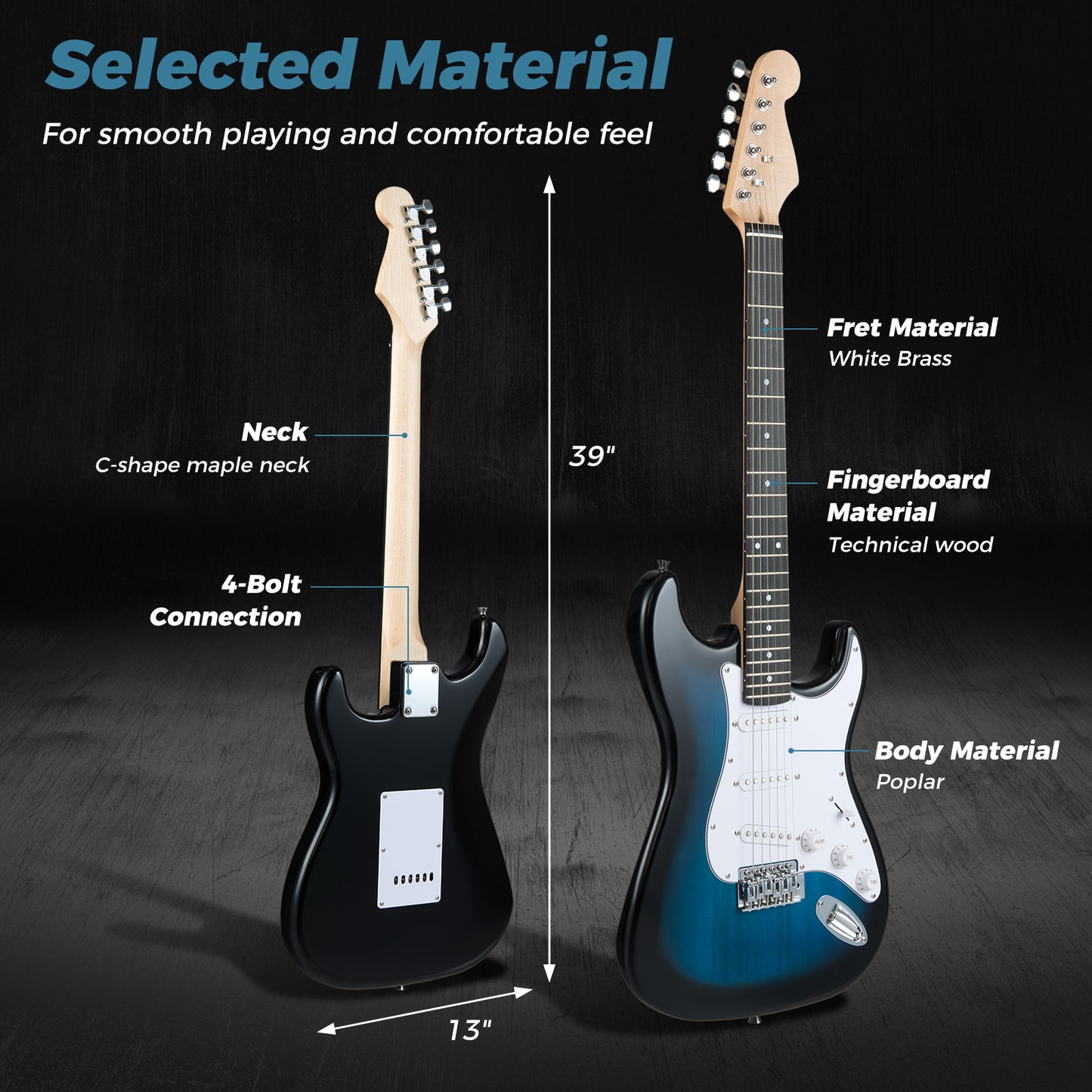 39 Inch Full Size Electric Guitar Beginner Kit with Amplifier for Starter-Blue