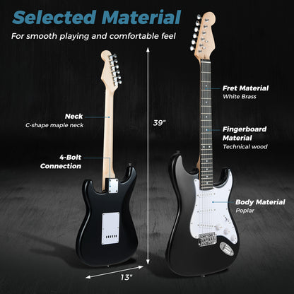 39 Inch Full Size Electric Guitar Beginner Kit with Amplifier for Starter-Black