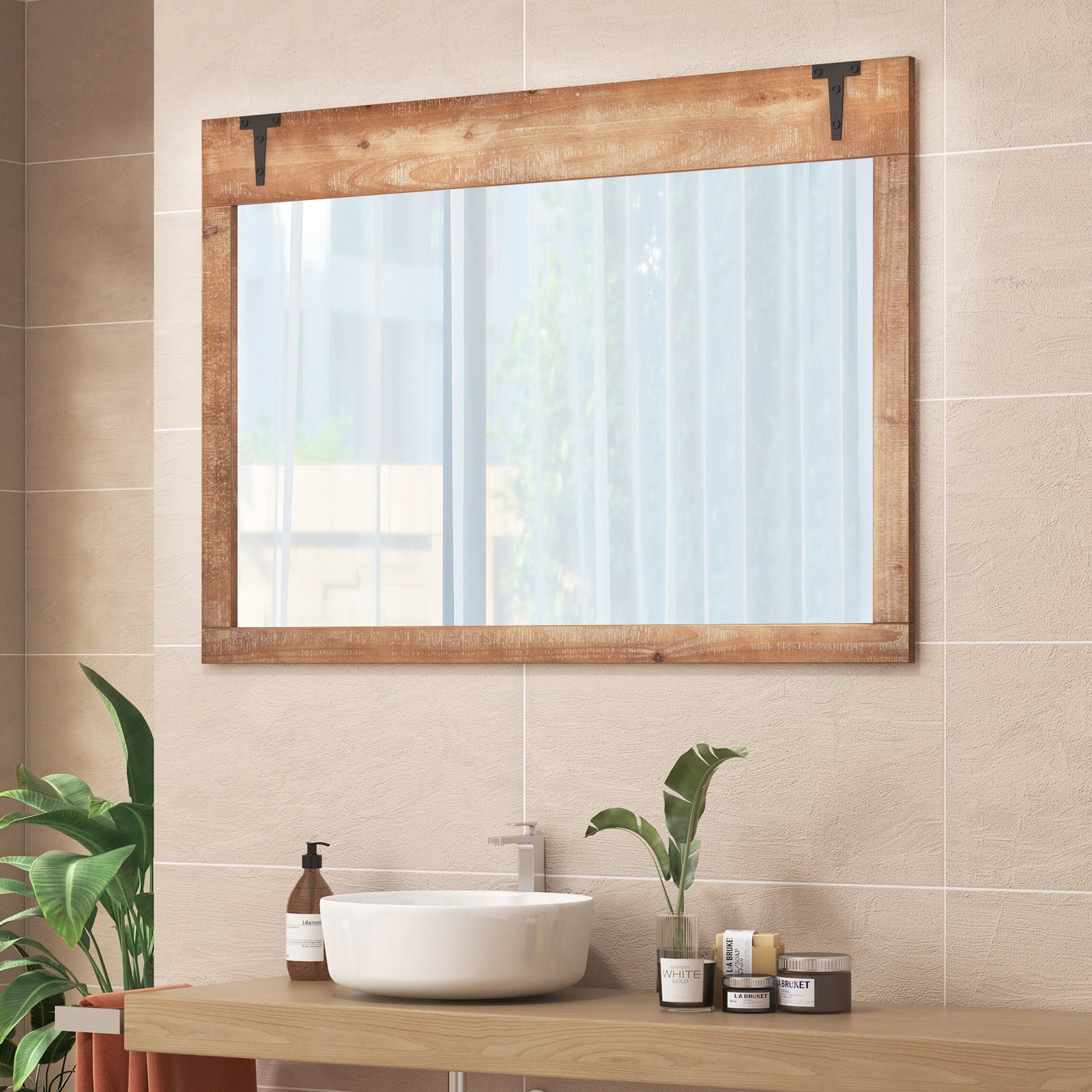 39 x 27.5 Inch Farmhouse Rustic Barn Door Wall Mirror with Wood Frame-Natural