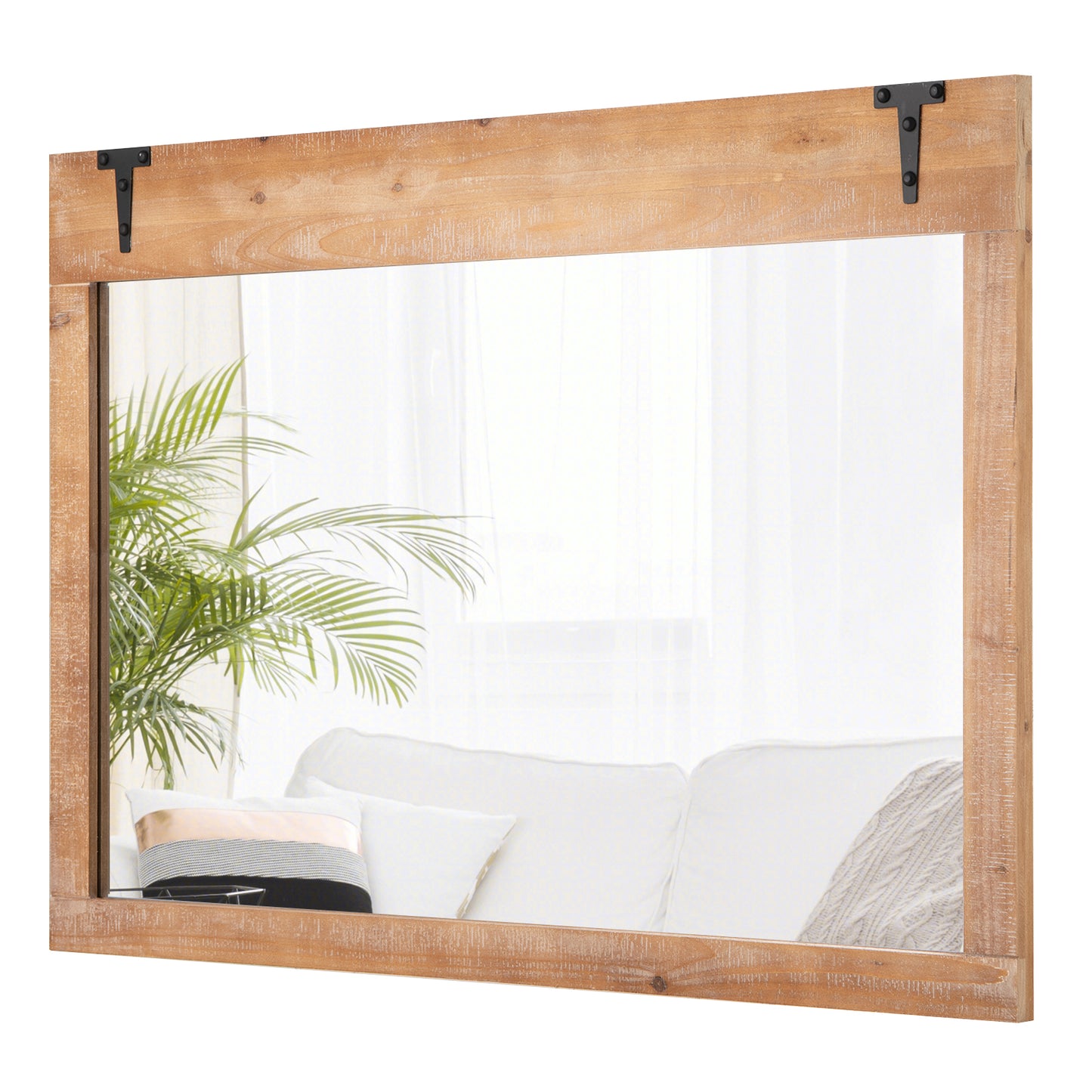 39 x 27.5 Inch Farmhouse Rustic Barn Door Wall Mirror with Wood Frame-Natural