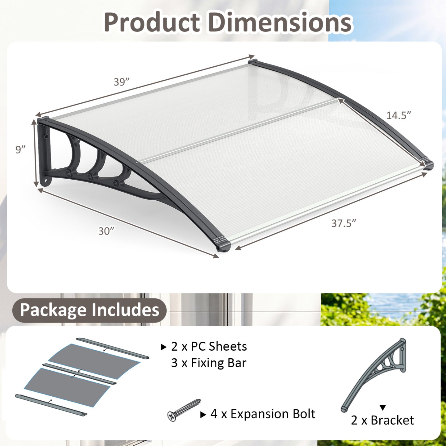 Door Awning 39x30 Inch Polycarbonate Window Canopy