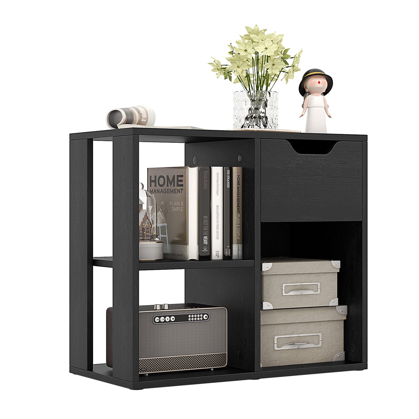3-Cube Bookcase 2-tier Wooden Storage Shelf with Pull-out Drawer-Natural - Black