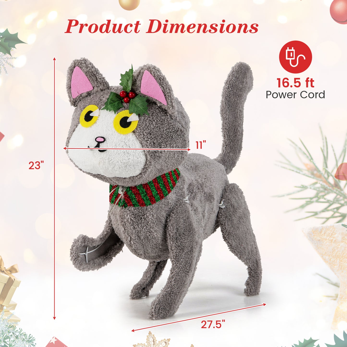 Pre-lit 88 LED Light Up 3D Cute Cat with Warm White Light and Plug