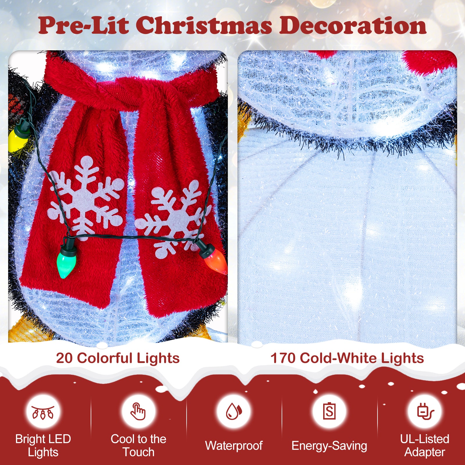 3D Pre-Lit Indoor Outdoor Xmas Holiday with 170 Cold-White LED Lights for Home