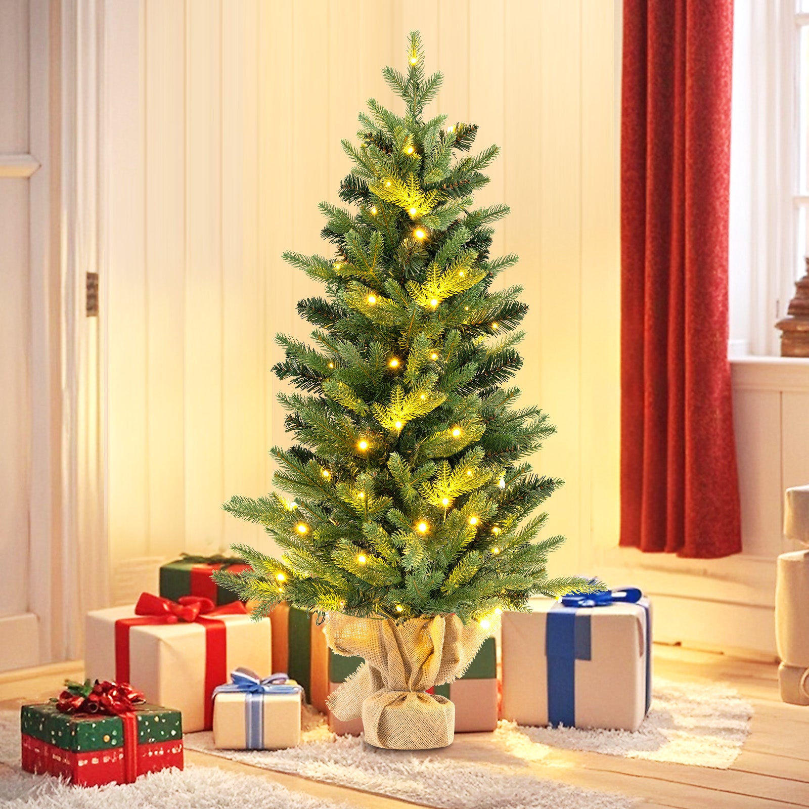 3 Feet Mini Pre-Lit Artificial Christmas Tree Tabletop Xmas Tree with Burlap Base