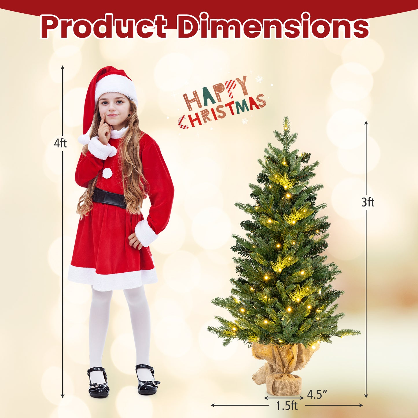 3 Feet Mini Pre-Lit Artificial Christmas Tree Tabletop Xmas Tree with Burlap Base