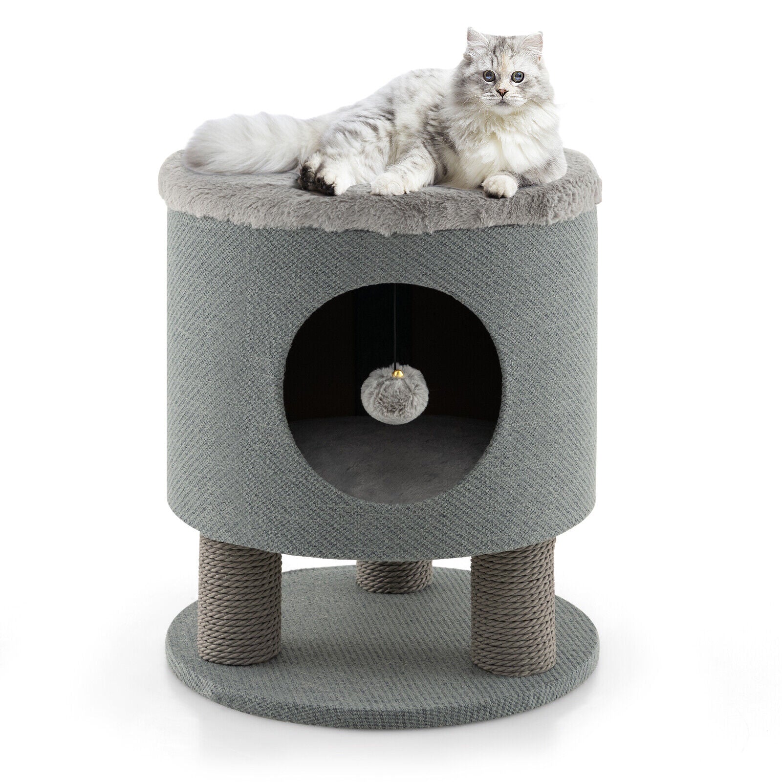3-in-1 Cat Condo Stool Kitty Bed with Scratching Posts and Plush Ball Toy-Beige - Gray