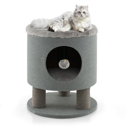 3-in-1 Cat Condo Stool Kitty Bed with Scratching Posts and Plush Ball Toy-Beige - Gray