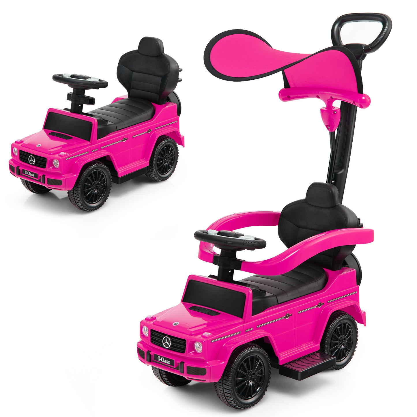 3-In-1 Ride on Push Car Mercedes Benz G350 Stroller Sliding Car with Canopy-Black - Pink