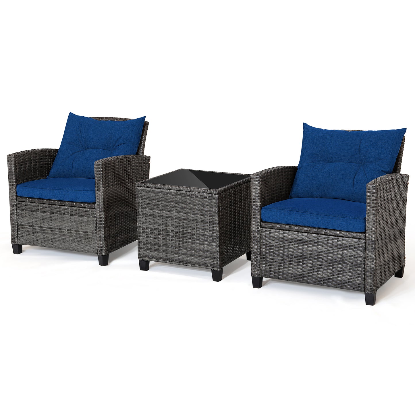 3 Pieces Outdoor Wicker Conversation Set with Tempered Glass Tabletop-Red - Navy