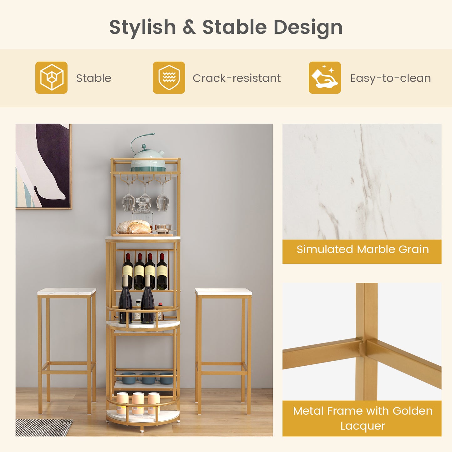 3 Pieces Bar Table Set with Storage Shelves and Wine Rack-Golden