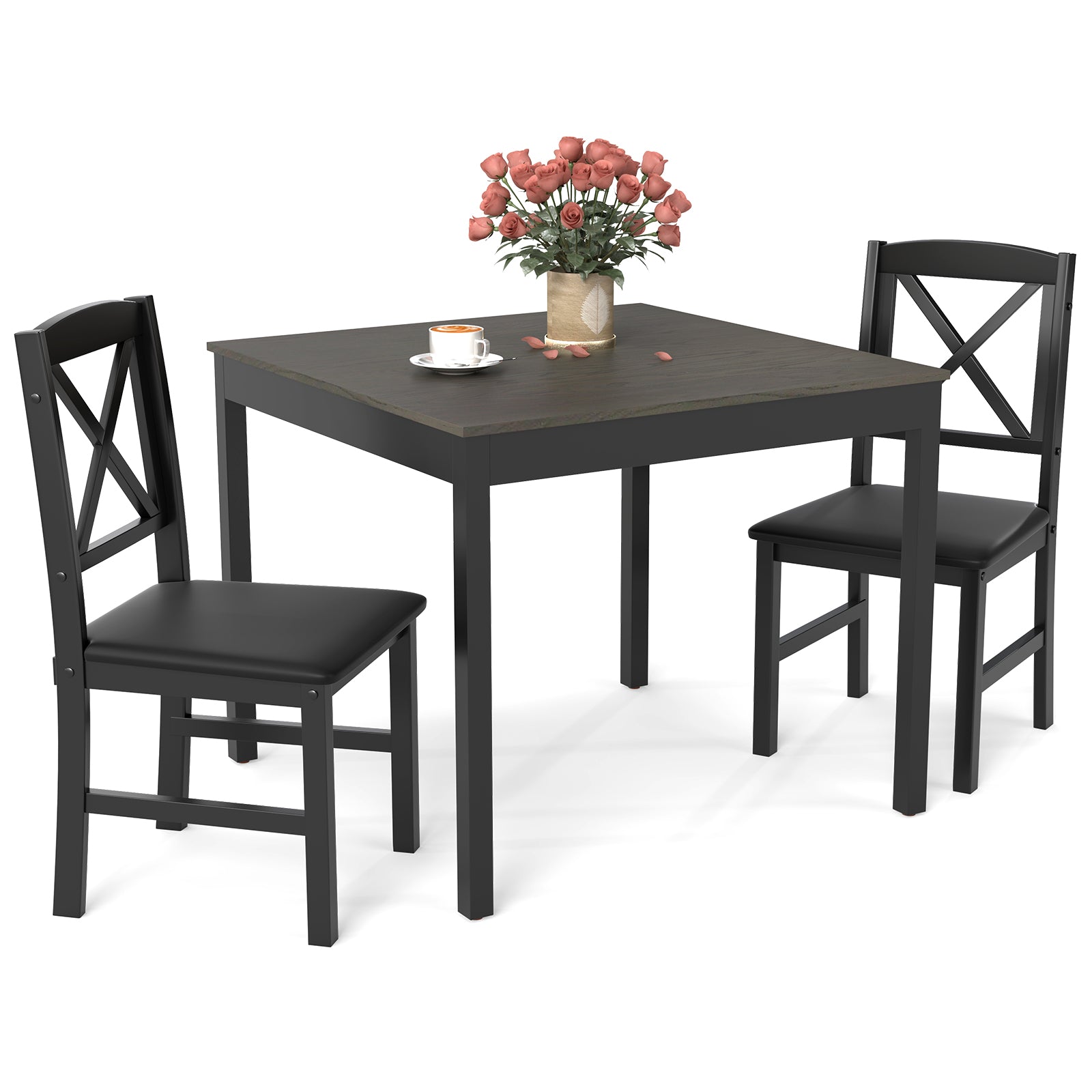 3-Piece Dining Table Set Wooden Square Kitchen Table for 2 People-Brown - Gray
