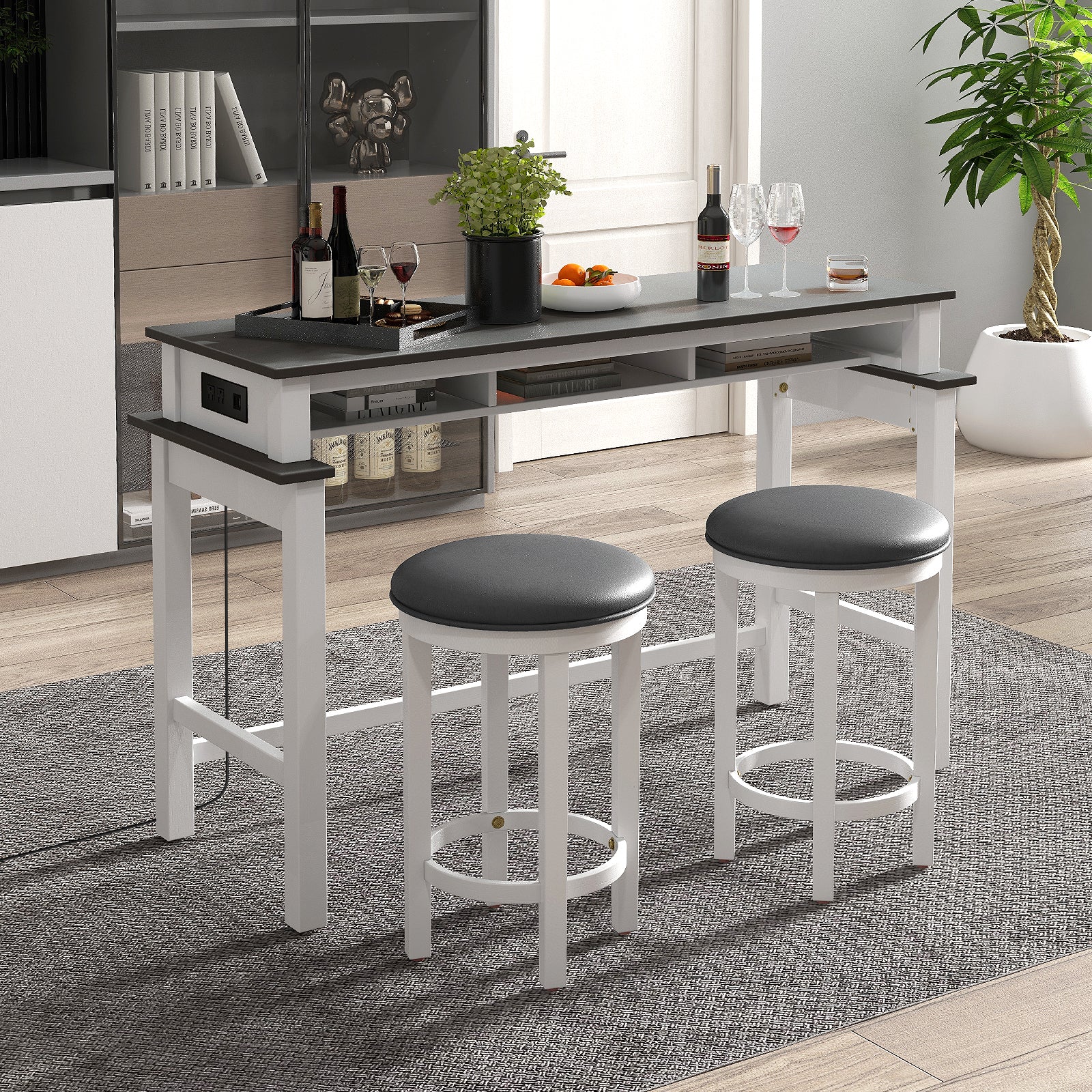 3-Piece Home Bar Set with 2 Upholstered Bar Stools Outlets and USB Ports-Gray