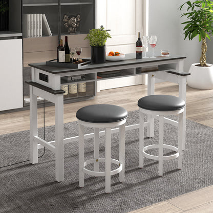 3-Piece Home Bar Set with 2 Upholstered Bar Stools Outlets and USB Ports-Gray