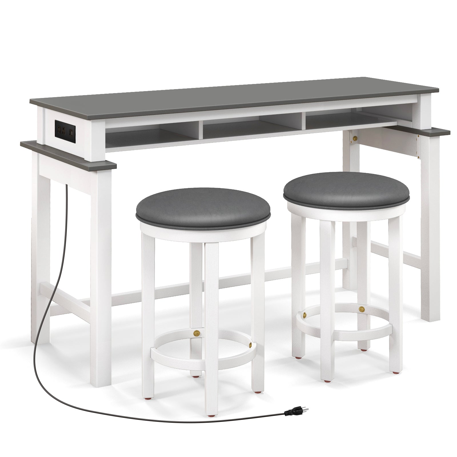 3-Piece Home Bar Set with 2 Upholstered Bar Stools Outlets and USB Ports-Gray