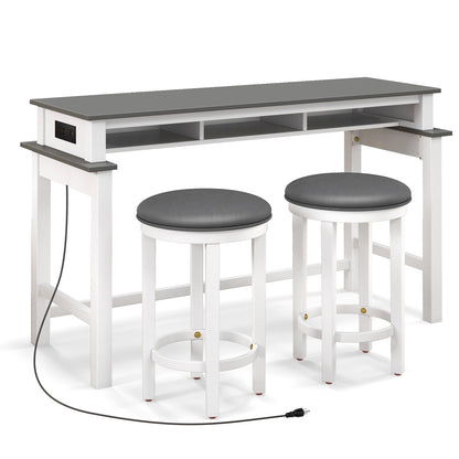 3-Piece Home Bar Set with 2 Upholstered Bar Stools Outlets and USB Ports-Gray