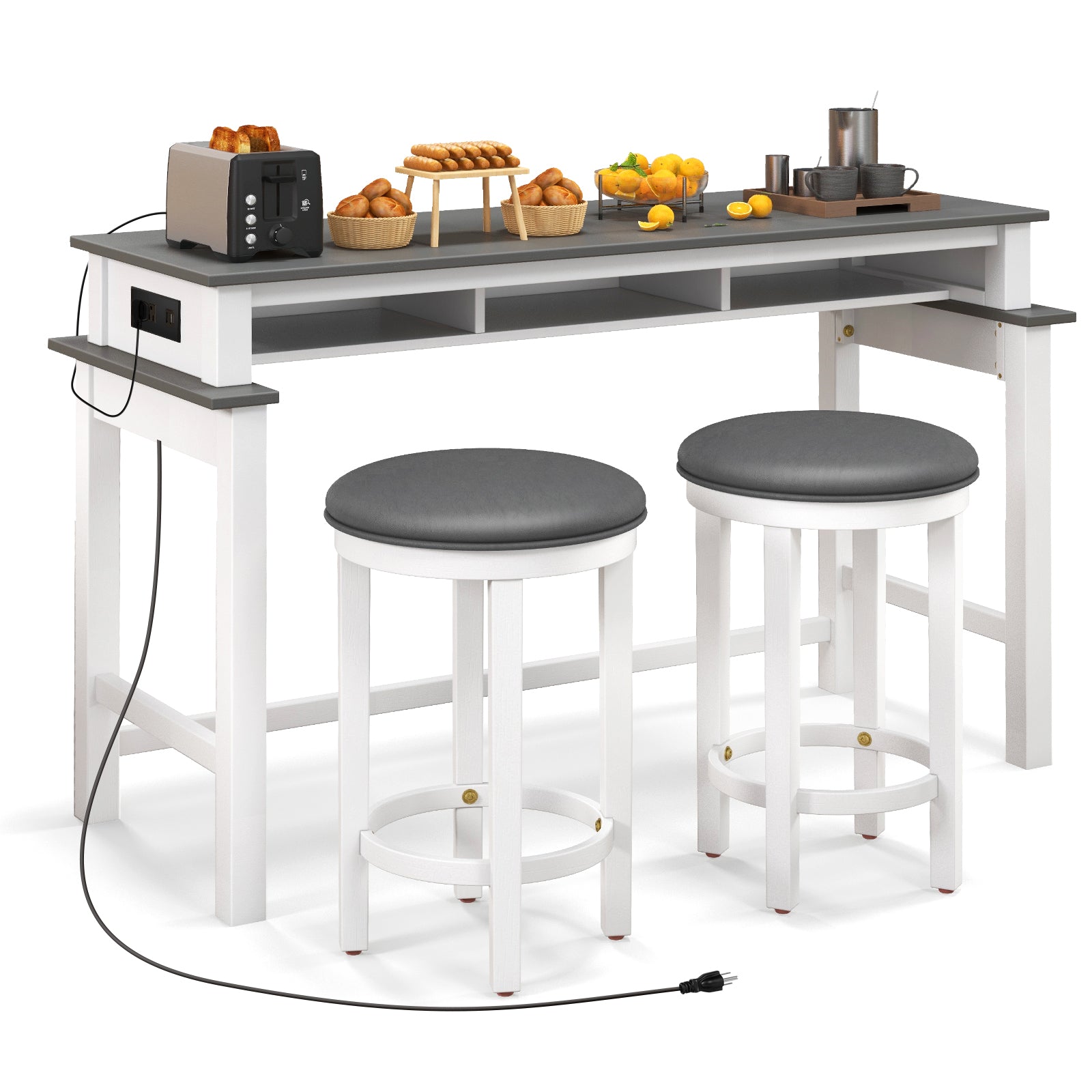 3-Piece Home Bar Set with 2 Upholstered Bar Stools Outlets and USB Ports-Gray