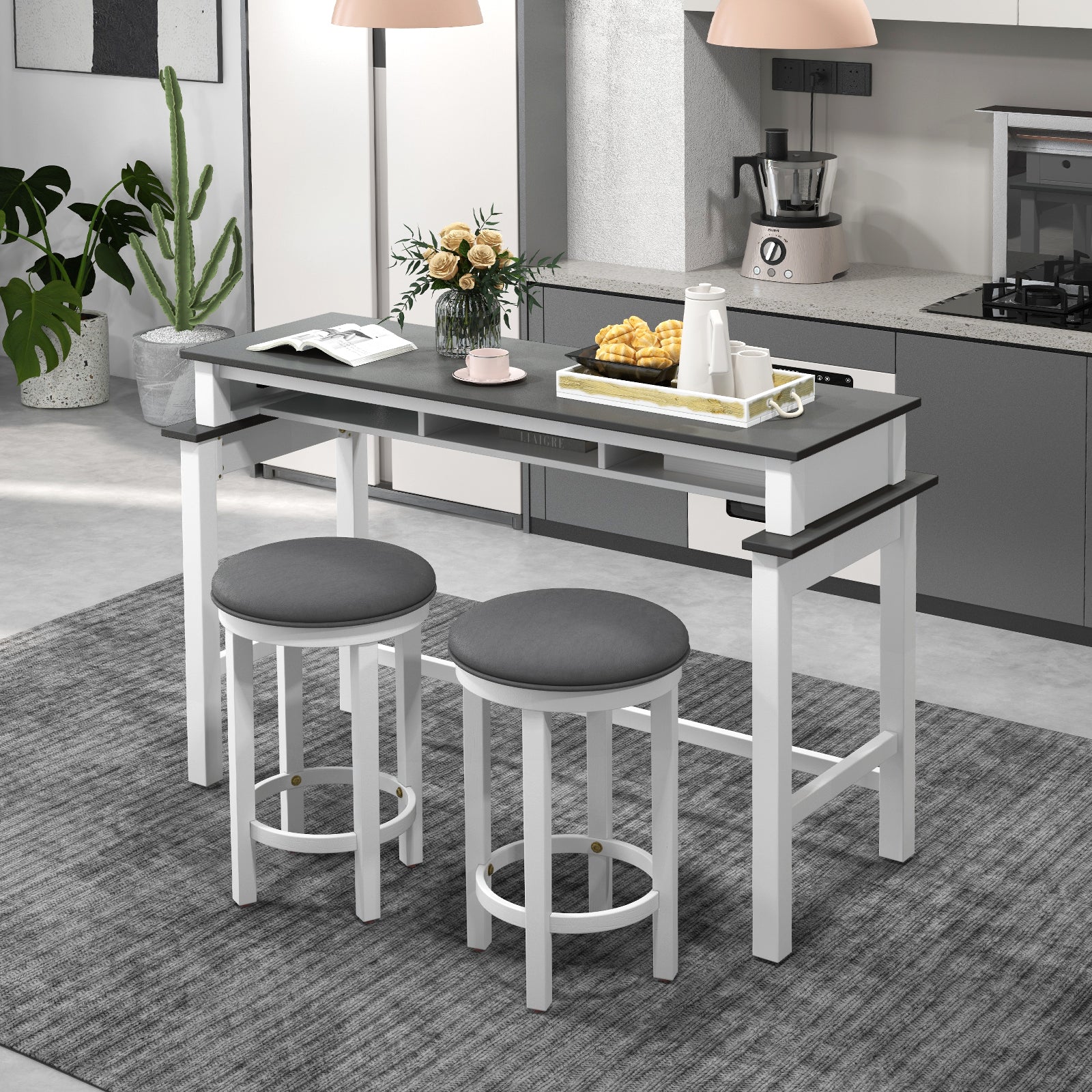 3-Piece Home Bar Set with 2 Upholstered Bar Stools Outlets and USB Ports-Gray