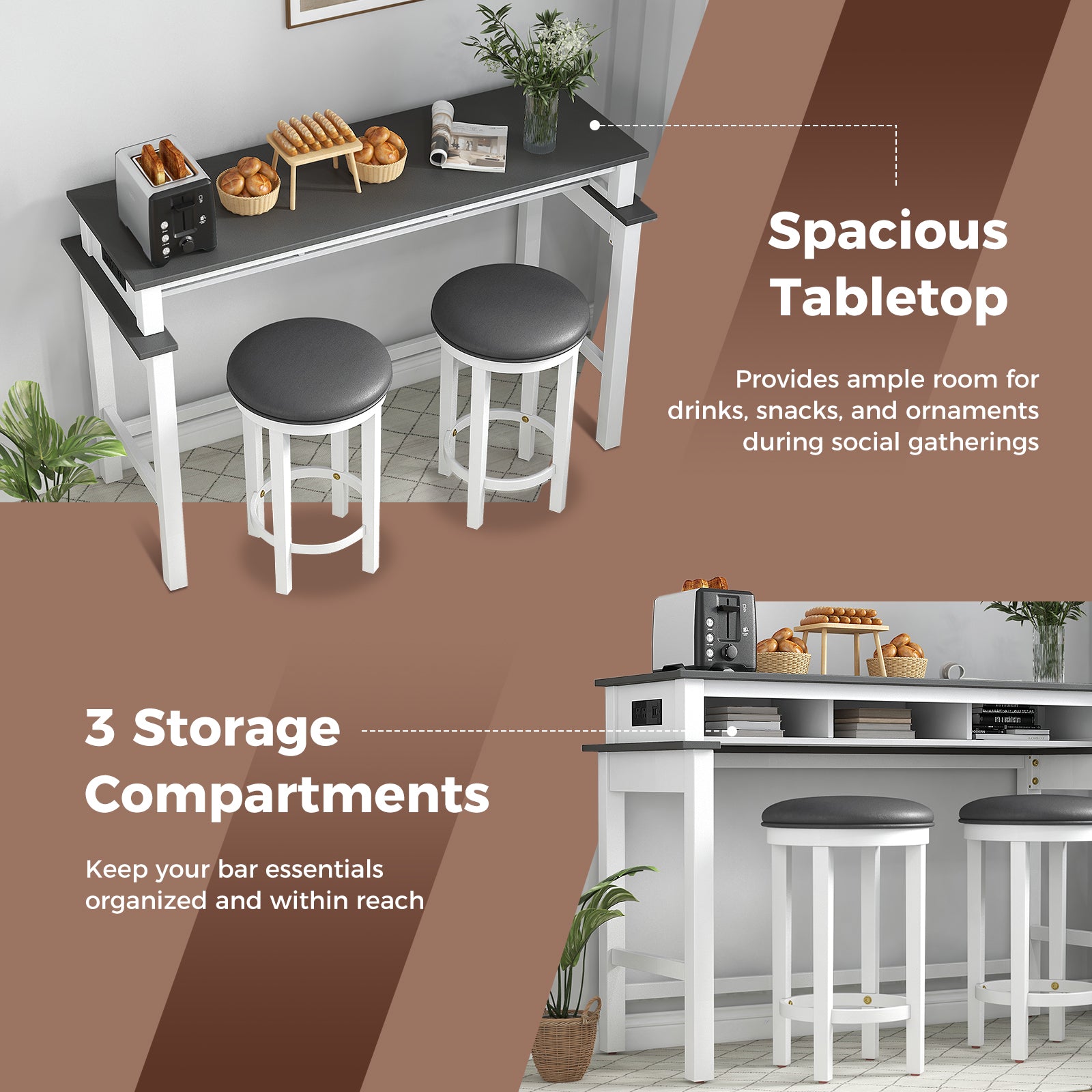 3-Piece Home Bar Set with 2 Upholstered Bar Stools Outlets and USB Ports-Gray